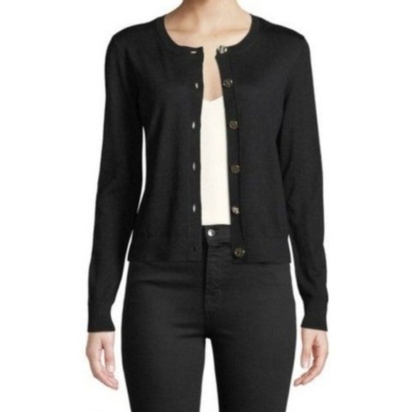 Tory Burch Black 100% Merino Wool Cardigan Sweater Gold Logo Buttons Size L - Picture 1 of 16
